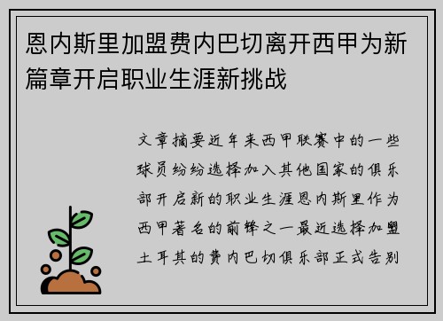恩内斯里加盟费内巴切离开西甲为新篇章开启职业生涯新挑战
